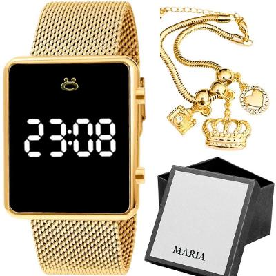 Relogio Digital Feminino Dourado + Pulseira Aço Inox Casual Social Pulseira Ajustável Presente