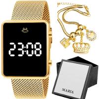 Relogio Digital Feminino Dourado + Pulseira Aço Inox Casual Social Pulseira Ajustável Presente - 1