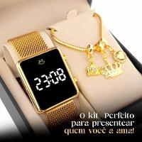 Relogio Digital Feminino Dourado + Pulseira Aço Inox Casual Social Pulseira Ajustável Presente