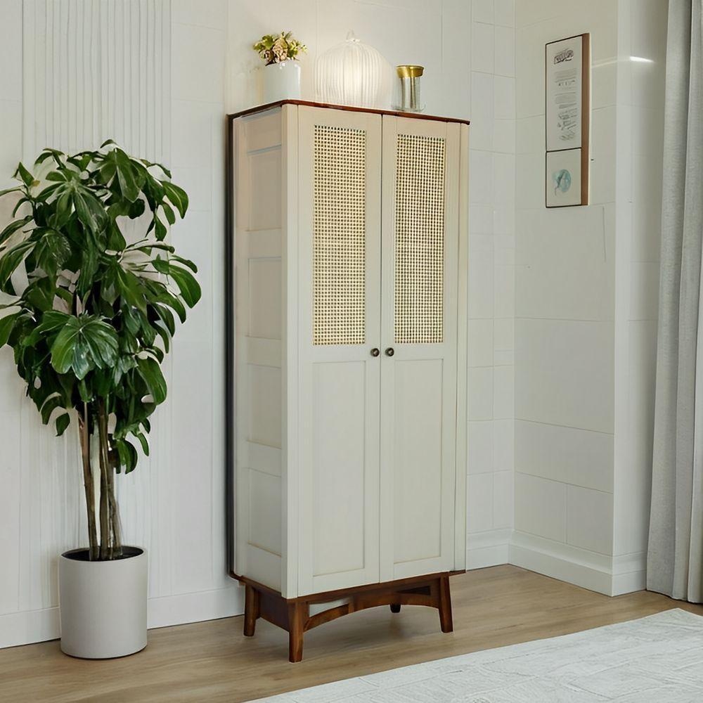 Cristaleira Com 2 Portas De Rattan E Madeira Maciça - Nude Laca Com Tampo E Base Imbuia Glazer - 1