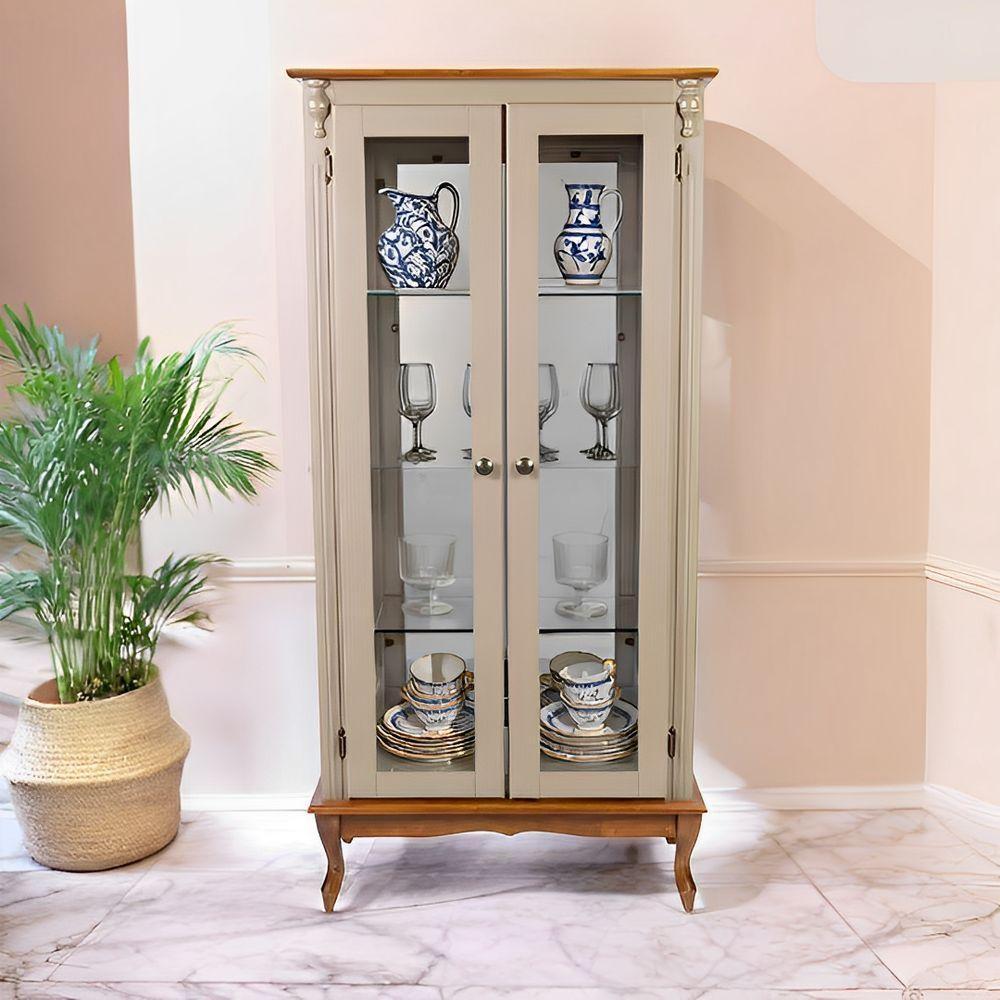 Cristaleira 2 Portas Com Puxador Bolinha E Pés Luiz Xv - Amêndoa Laca Com Tampo E Base Imbuia Glazer - Puxador Bola - 1