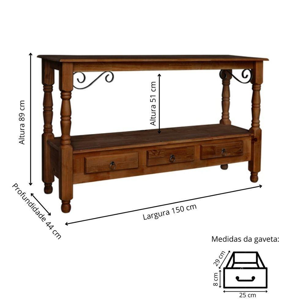 Aparador Para Sala Rústico Com 3 Gavetas E Pés Torneados - Castanho Envelhecido - 4