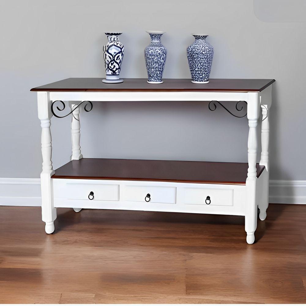 Aparador Para Sala Rústico Com 3 Gavetas E Pés Torneados - Branco Laca E Tampos Castanho Envelhecido - 1