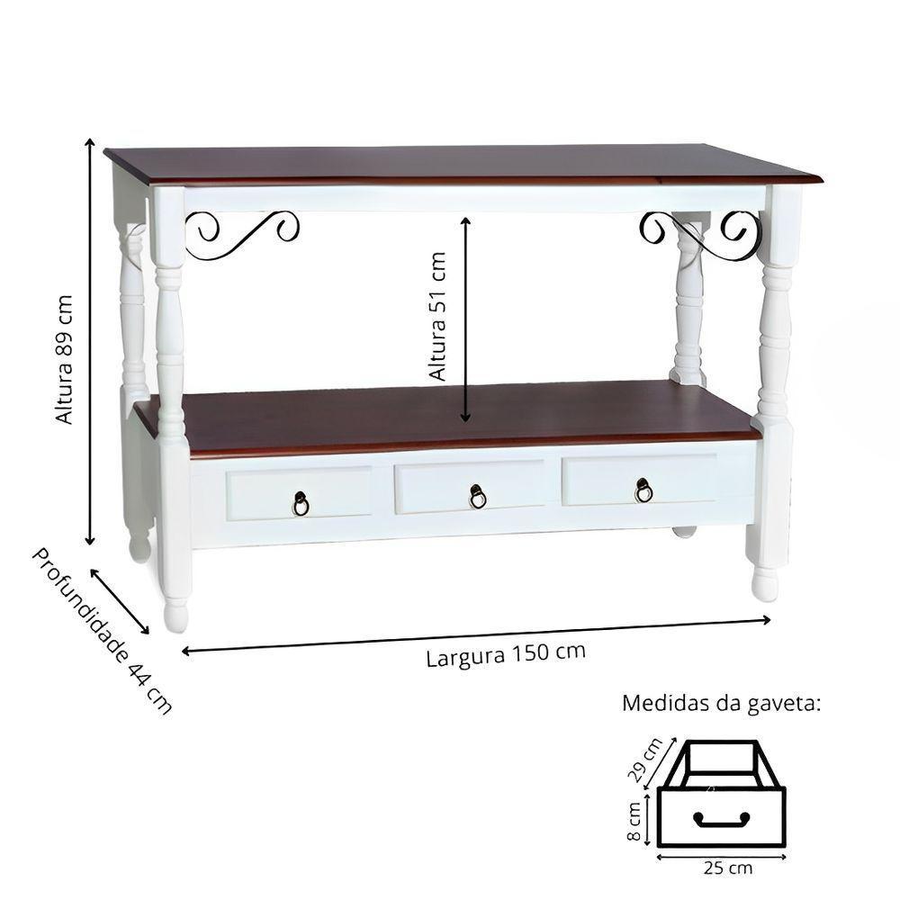 Aparador Para Sala Rústico Com 3 Gavetas E Pés Torneados - Branco Laca E Tampos Castanho Envelhecido - 4