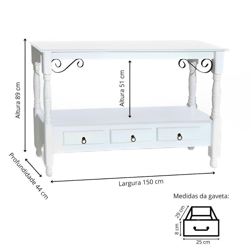 Aparador Para Sala Rústico Com 3 Gavetas E Pés Torneados - Branco Laca - 3