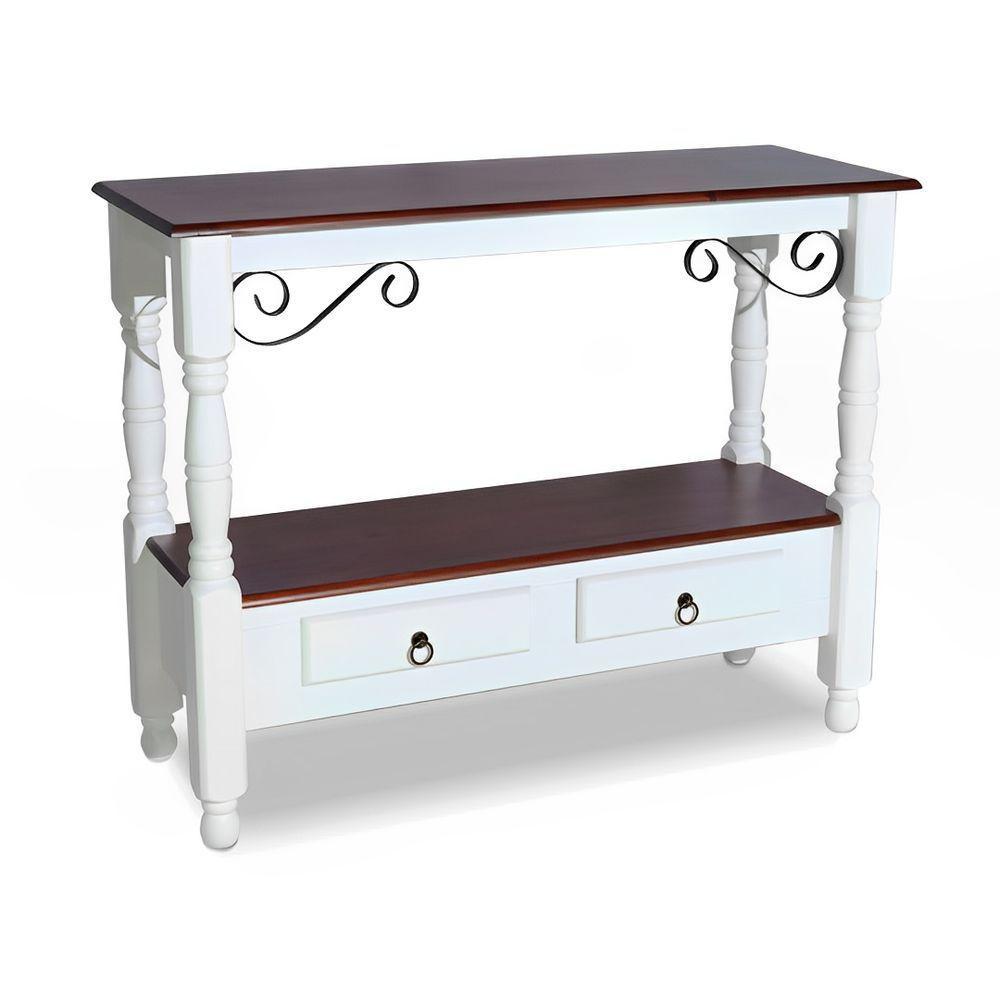 Aparador Para Sala Rústico Com 2 Gavetas Pés Torneados - Branco Laca E Tampos Castanho Envelhecido - 1