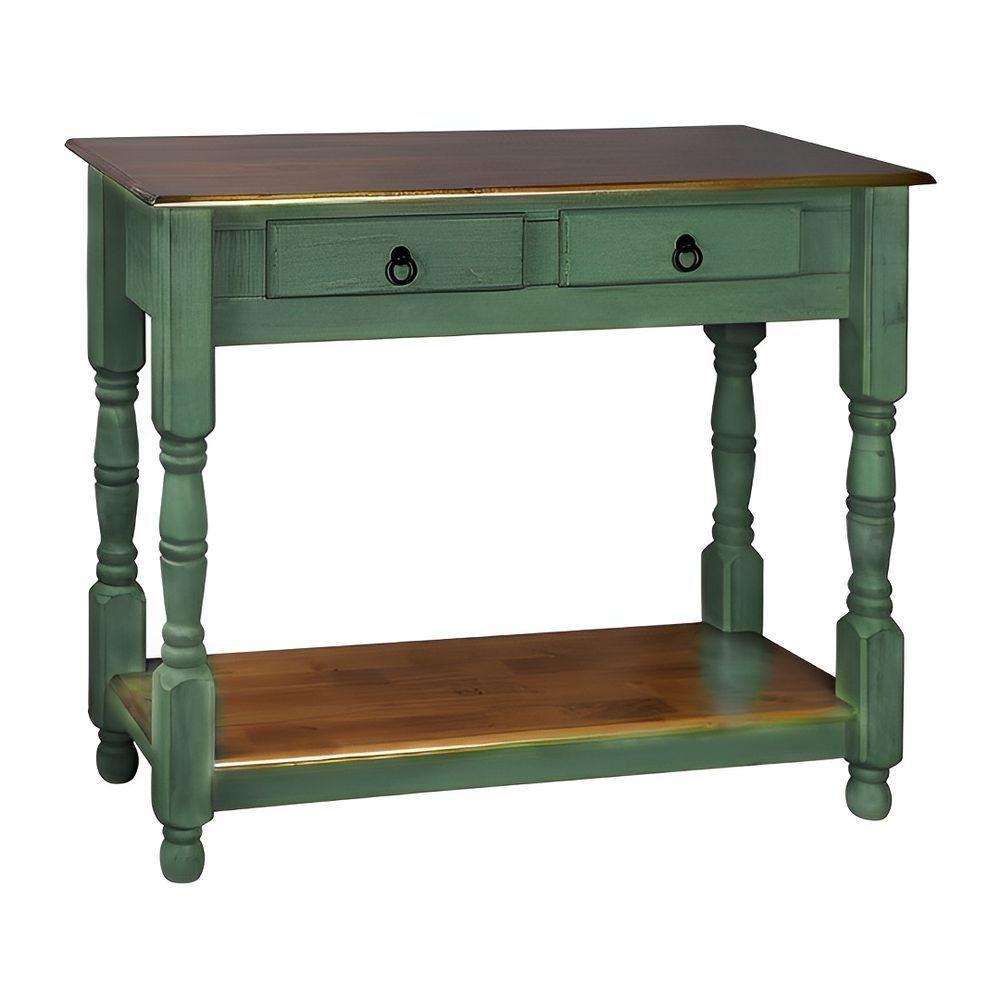 Aparador Para Sala Rústico Com 2 Gavetas 1 Prateleira Pés Torneados - Verde Kalle E Tampos Castanho Envelhecido - 2