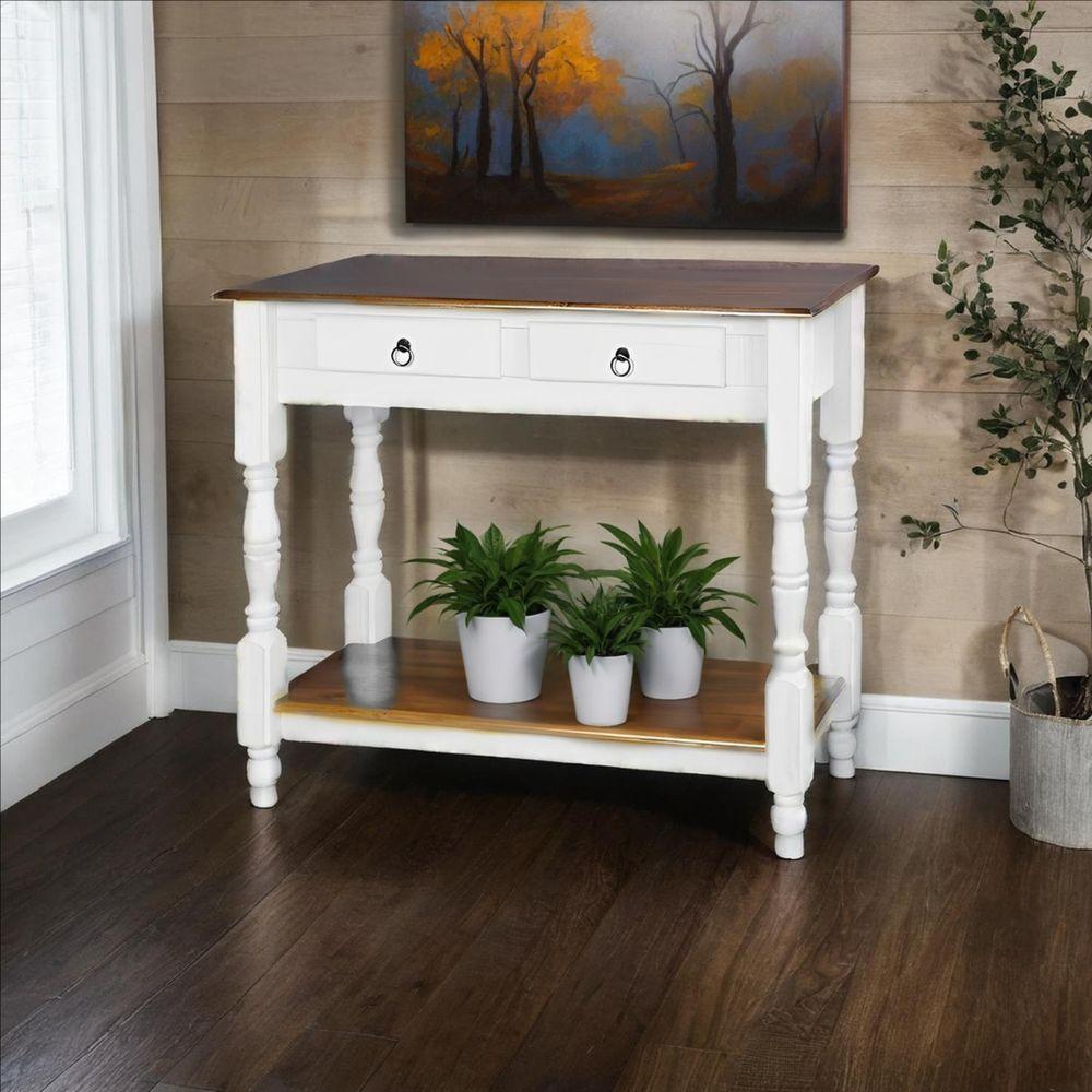 Aparador Para Sala Rústico Com 2 Gavetas 1 Prateleira Pés Torneados - Branco Laca E Tampos Castanho Envelhecido - 1