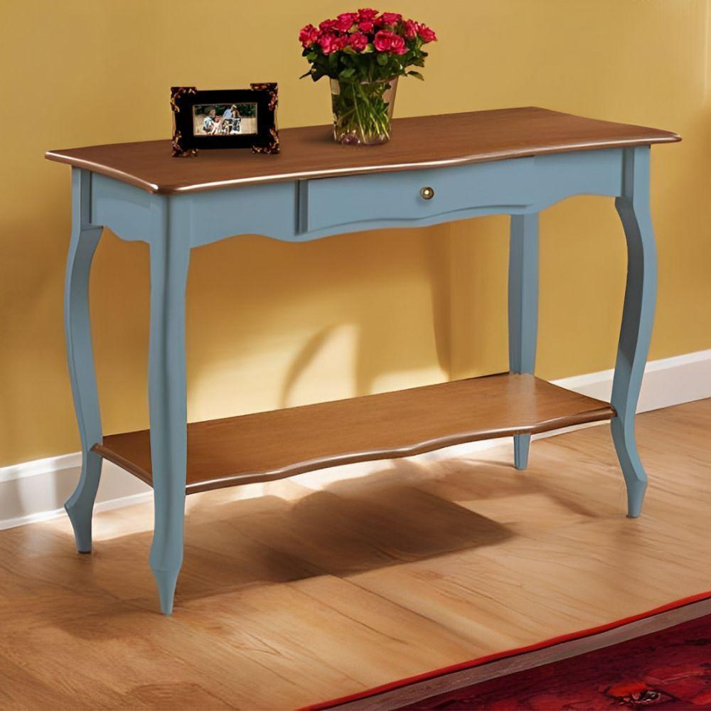 Aparador Para Sala Com 1 Gaveta E Prateleira Pés Luiz Xv - Azul Céu Laca Com Tampo E Prateleira Imbuia Glazer - 1