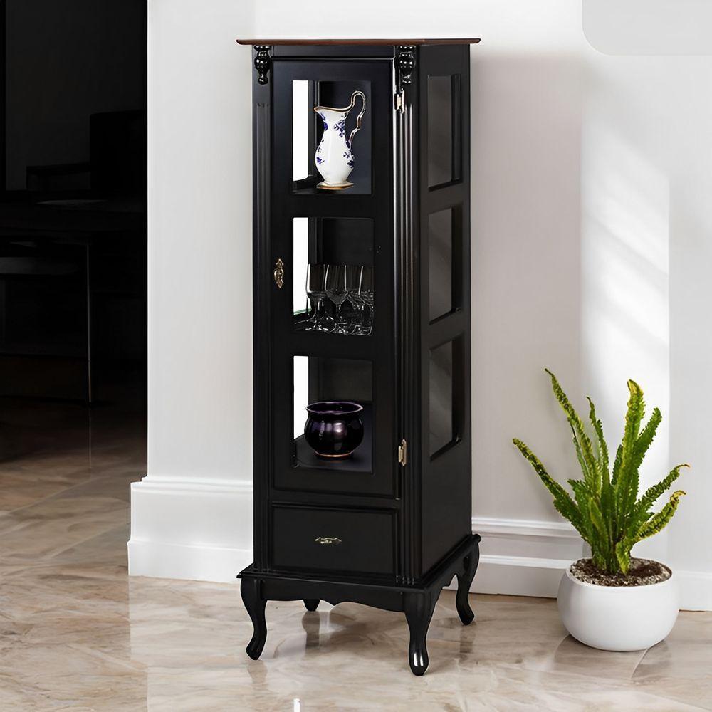 Cristaleira De Madeira 1 Porta Com Vidro 1 Gaveta 2 Prateleiras Pés Luiz Xv - Preto Laca - 1