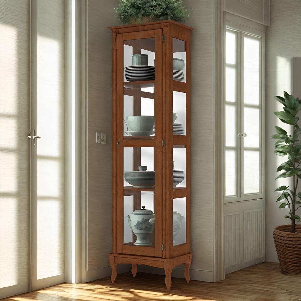 Cristaleira De Madeira 1 Porta 3 Prateleiras, Espelho E Pés Luiz Xv - Imbuia Glazer - 1