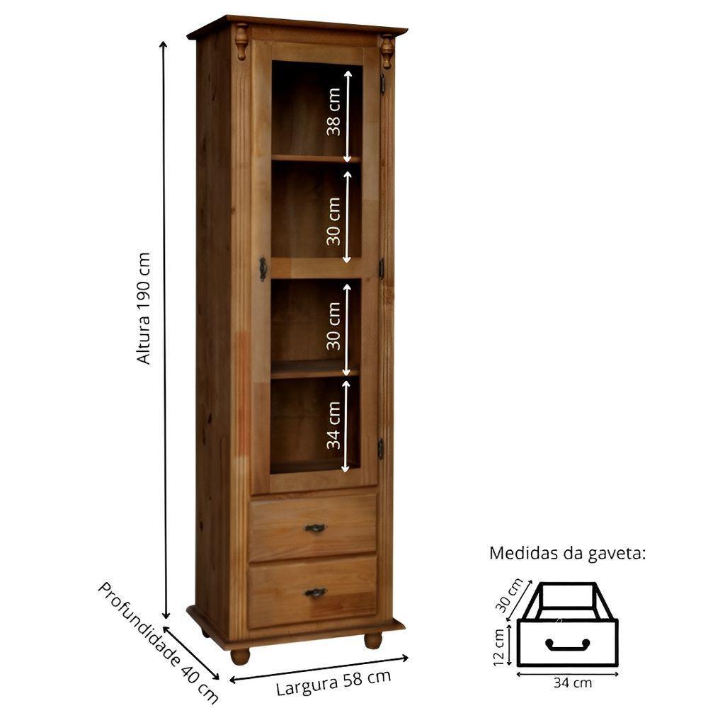 Cristaleira De Madeira 1 Porta 2 Gavetas 3 Prateleiras Pés Torneados - Imbuia Glazer - 4