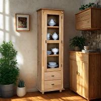 Cristaleira De Madeira 1 Porta 2 Gavetas 3 Prateleiras Pés Torneados - Cera (madeira Bruta) - 1