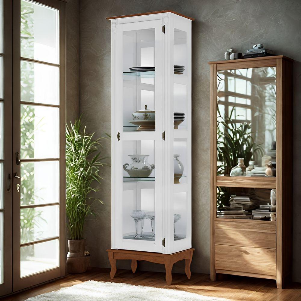 Cristaleira De Madeira 1 Porta 3 Prateleiras, Espelho E Pés Luiz Xv - Branco Laca Com Tampo E Base Imbuia Glazer - 1