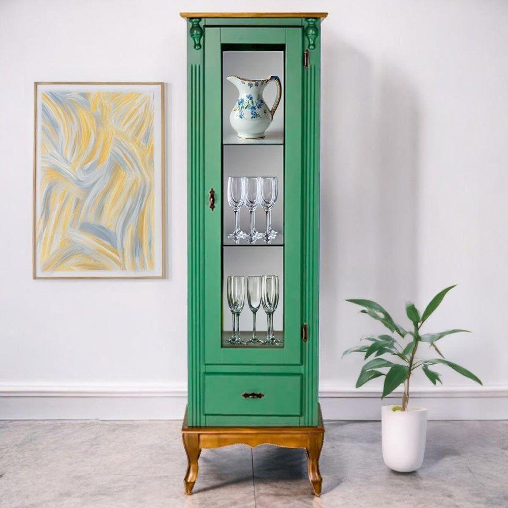 Cristaleira De Madeira 1 Porta 1 Gaveta, Espelho E Pés Luiz Xv - Verde Kalle Laca Com Tampo E Base Imbuia - 1