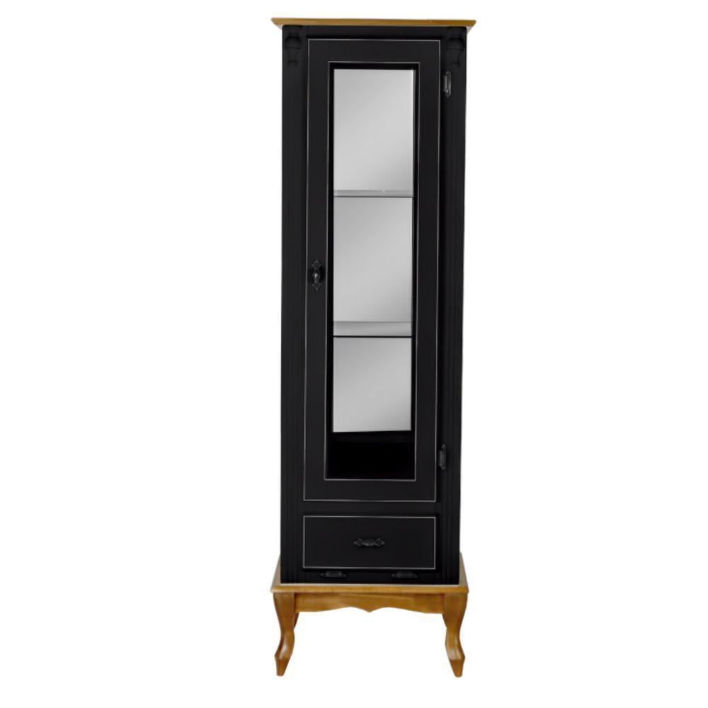 Cristaleira De Madeira 1 Porta 1 Gaveta, Espelho E Pés Luiz Xv - Preto Laca Com Tampo E Base Garapa - 3