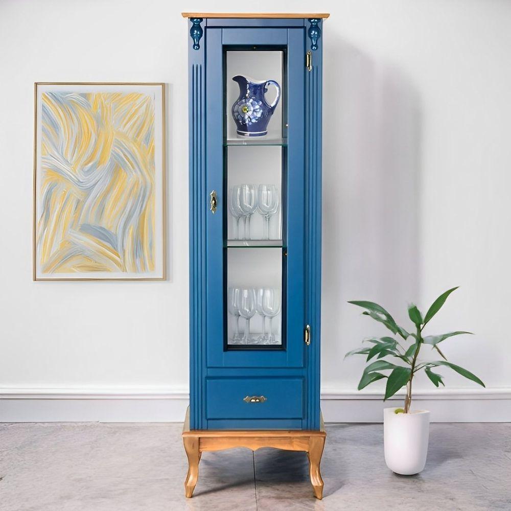 Cristaleira De Madeira 1 Porta 1 Gaveta, Espelho E Pés Luiz Xv - Azul Bic Com Tampo E Base Imbuia Glazer - 1