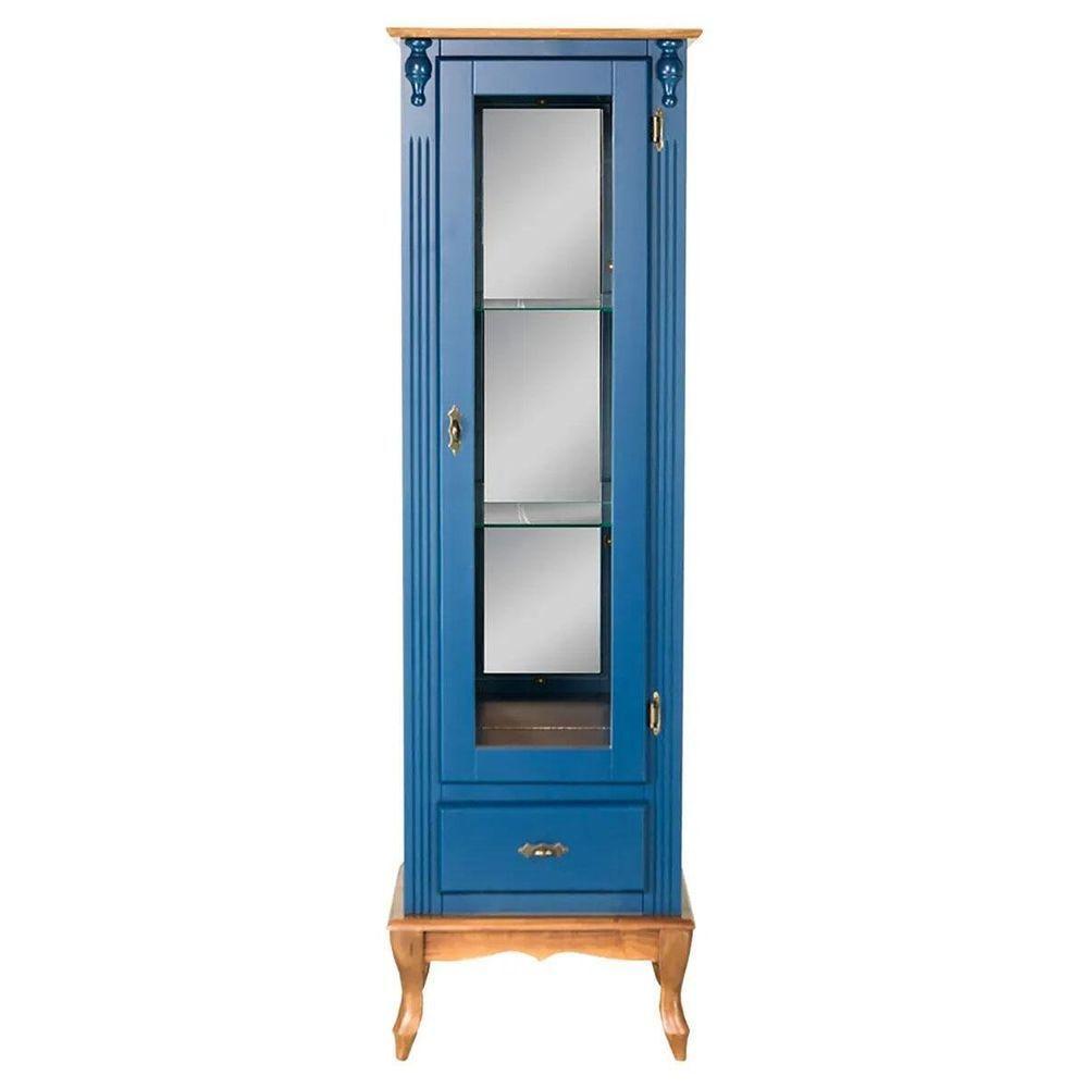 Cristaleira De Madeira 1 Porta 1 Gaveta, Espelho E Pés Luiz Xv - Azul Bic Com Tampo E Base Imbuia Glazer - 4