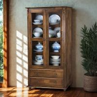 Cristaleira Rústica De Madeira 2 Portas E 2 Gavetas Com Pés Torneados - Imbuia Glazer - 2