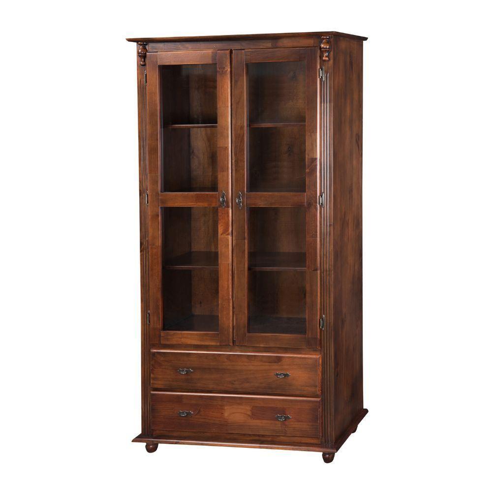 Cristaleira Rústica De Madeira 2 Portas E 2 Gavetas Com Pés Torneados - Castanho Envelhecido - 1