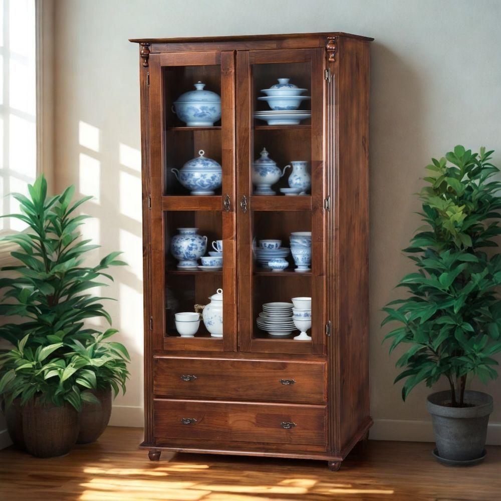 Cristaleira Rústica De Madeira 2 Portas E 2 Gavetas Com Pés Torneados - Castanho Envelhecido - 2