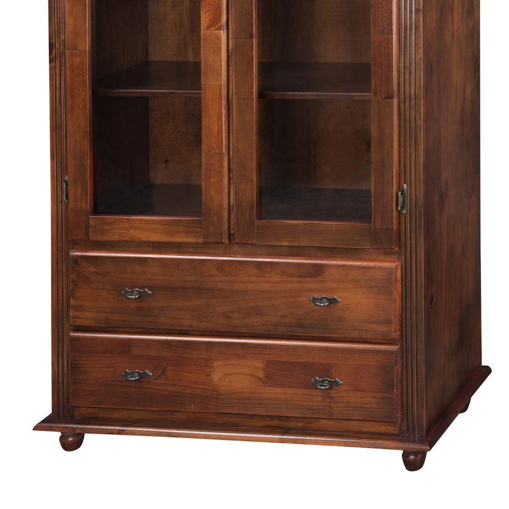 Cristaleira Rústica De Madeira 2 Portas E 2 Gavetas Com Pés Torneados - Castanho Envelhecido - 3