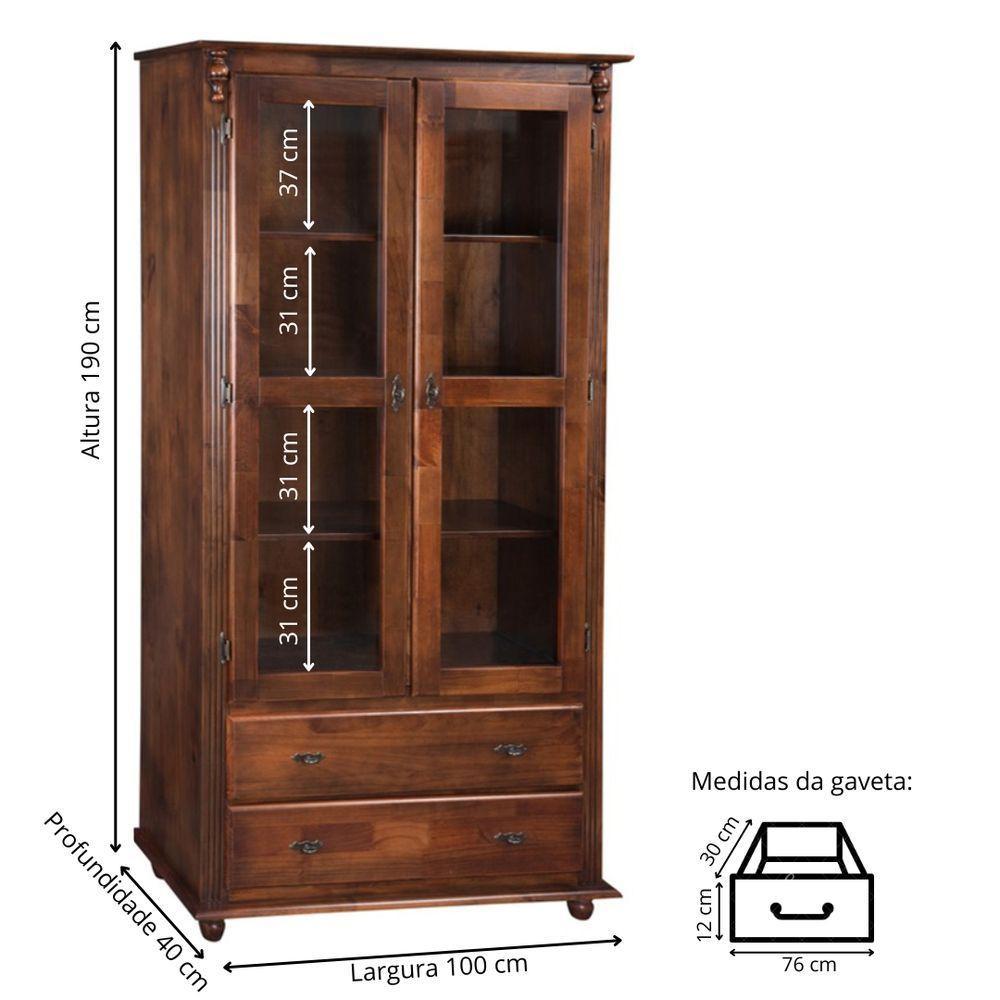Cristaleira Rústica De Madeira 2 Portas E 2 Gavetas Com Pés Torneados - Castanho Envelhecido - 4
