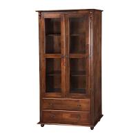 Cristaleira Rústica De Madeira 2 Portas E 2 Gavetas Com Pés Torneados - Castanho Envelhecido - 1