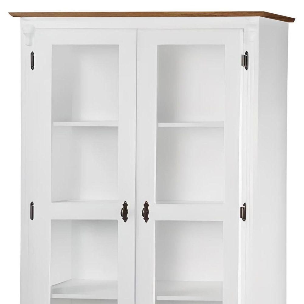 Cristaleira Rústica De Madeira 2 Portas E 2 Gavetas Com Pés Torneados - Branco Laca Com Tampo E Base Imbuia Glazer - 3