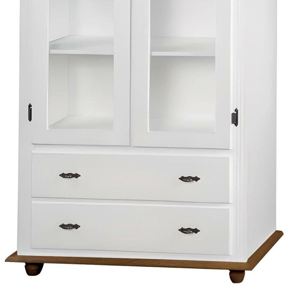 Cristaleira Rústica De Madeira 2 Portas E 2 Gavetas Com Pés Torneados - Branco Laca Com Tampo E Base Imbuia Glazer - 4