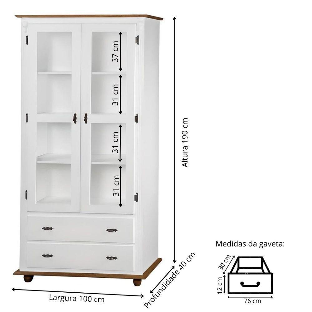 Cristaleira Rústica De Madeira 2 Portas E 2 Gavetas Com Pés Torneados - Branco Laca Com Tampo E Base Imbuia Glazer - 5