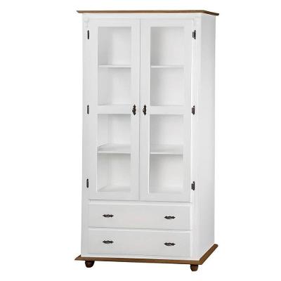 Cristaleira Rústica De Madeira 2 Portas E 2 Gavetas Com Pés Torneados - Branco Laca Com Tampo E Base Imbuia Glazer