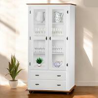 Cristaleira Rústica De Madeira 2 Portas E 2 Gavetas Com Pés Torneados - Branco Laca Com Tampo E Base Imbuia Glazer - 2