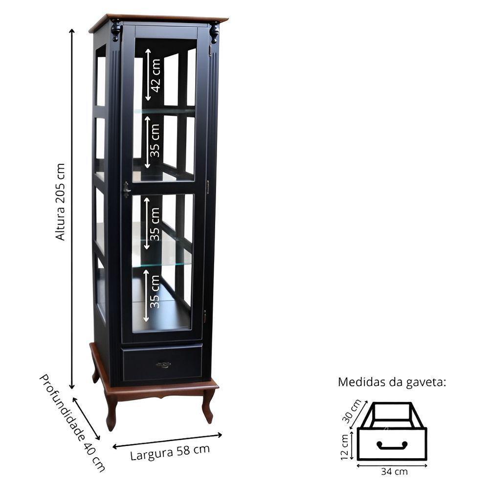 Cristaleira Rústica De Madeira 1 Porta 1 Gaveta E Pés Luiz Xv - Preto Laca Com Tampo E Base Imbuia Glazer - 4