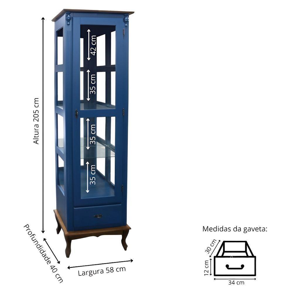 Cristaleira Rústica De Madeira 1 Porta 1 Gaveta E Pés Luiz Xv - Azul Bic Com Tampo E Base Imbuia Glazer - 2