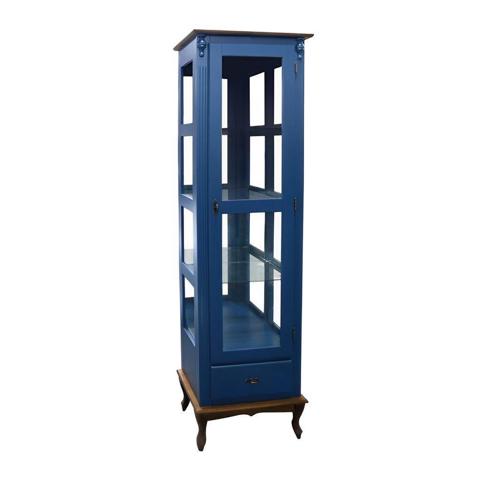 Cristaleira Rústica De Madeira 1 Porta 1 Gaveta E Pés Luiz Xv - Azul Bic Com Tampo E Base Imbuia Glazer - 3