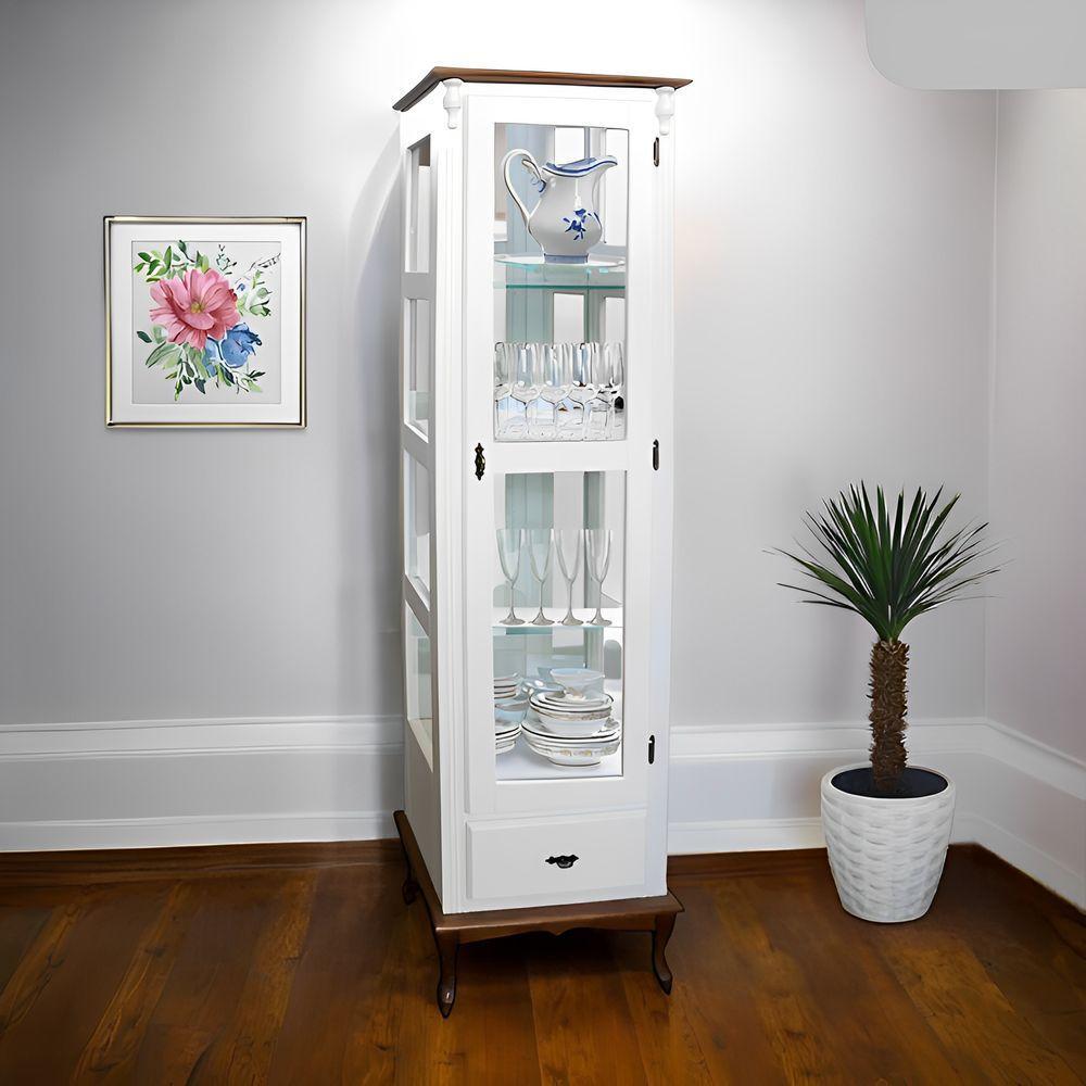 Cristaleira Rústica De Madeira 1 Porta 1 Gaveta E Pés Luiz Xv - Branco Laca Com Tampo E Base Imbuia Glazer - 1