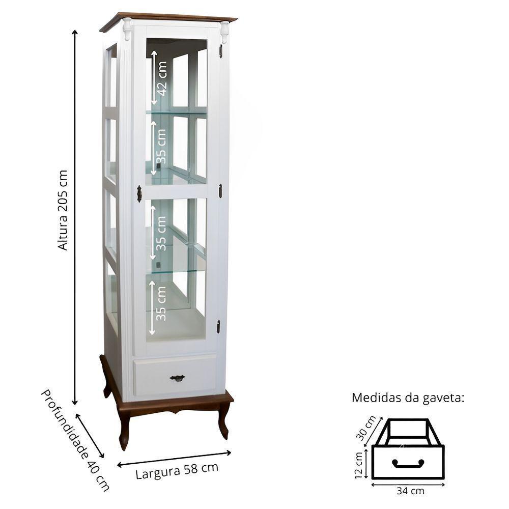 Cristaleira Rústica De Madeira 1 Porta 1 Gaveta E Pés Luiz Xv - Branco Laca Com Tampo E Base Imbuia Glazer - 4