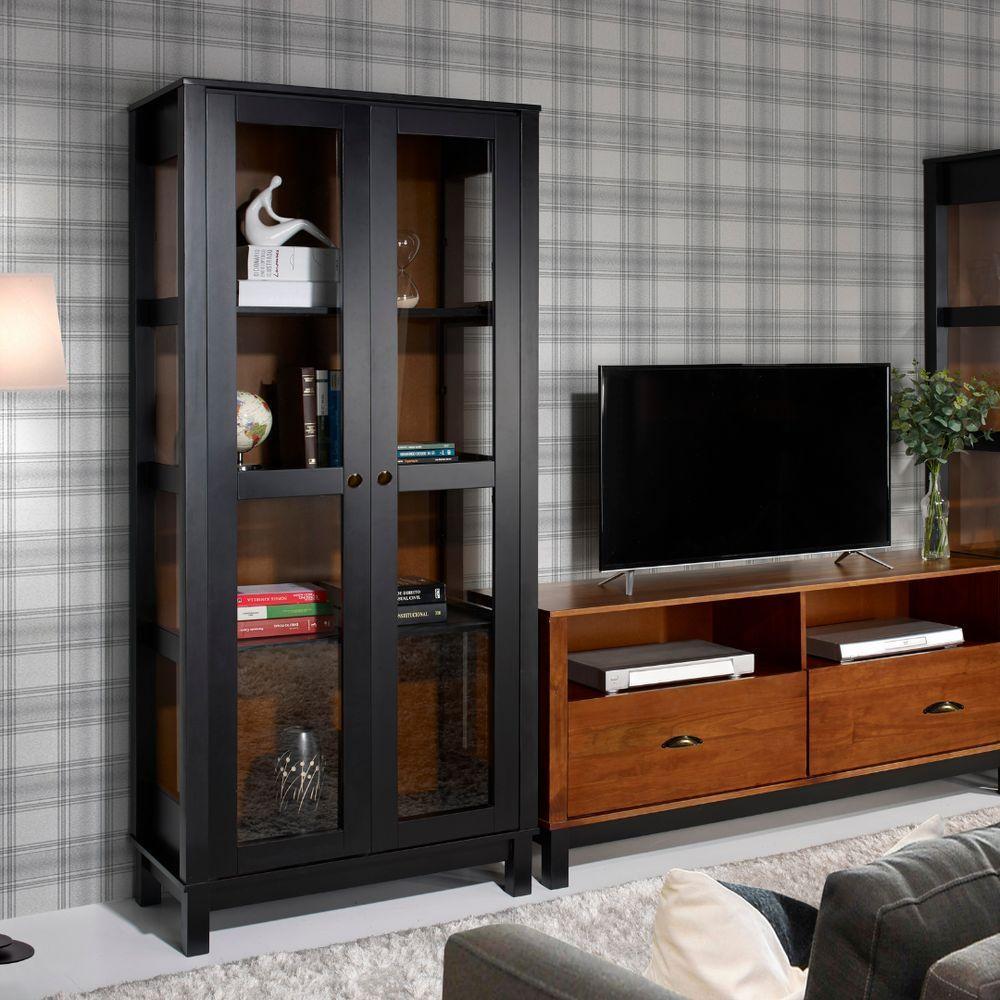 Cristaleira Moderna De Madeira 2 Portas Com Pés Retos - Preto Laca Com Fundo Imbuia Glazer - 1