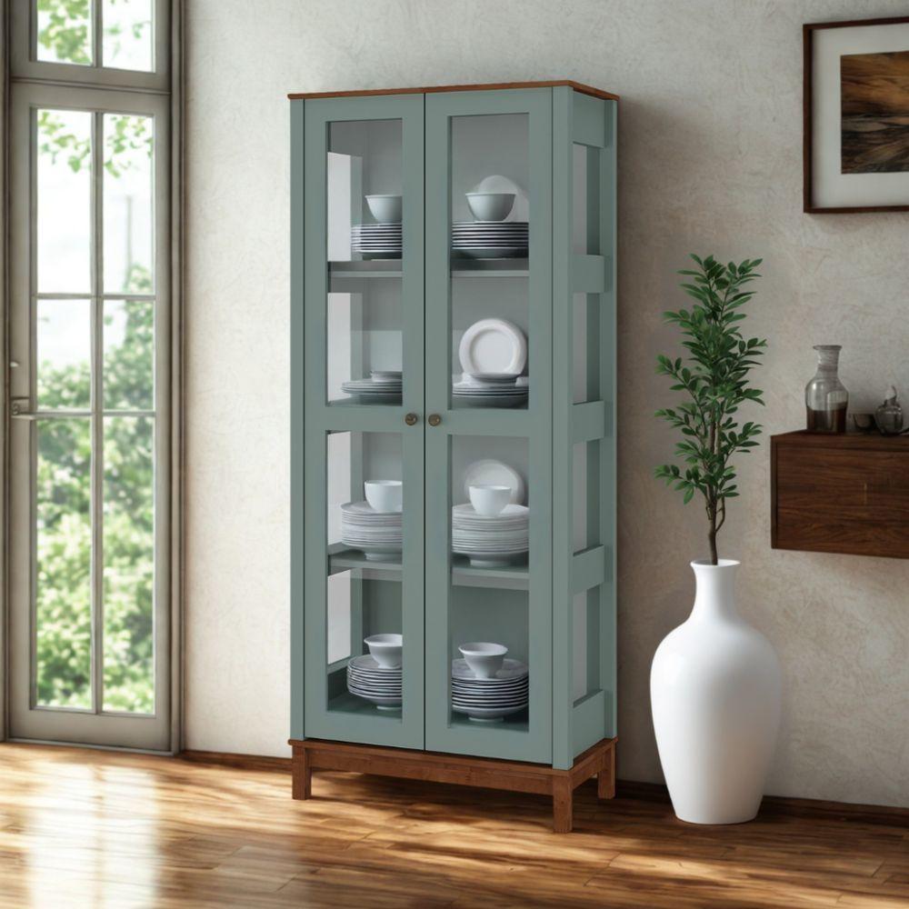 Cristaleira Moderna De Madeira 2 Portas Com Pés Retos - Verde Menta Com Tampo E Base Imbuia Glazer - 1