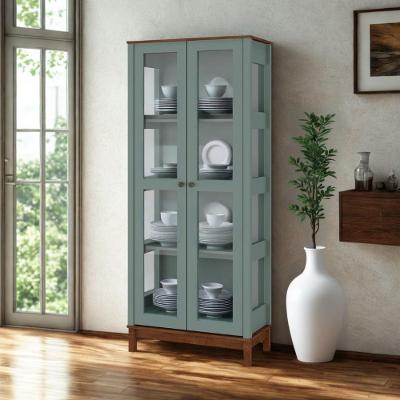 Cristaleira Moderna De Madeira 2 Portas Com Pés Retos - Verde Menta Com Tampo E Base Imbuia Glazer