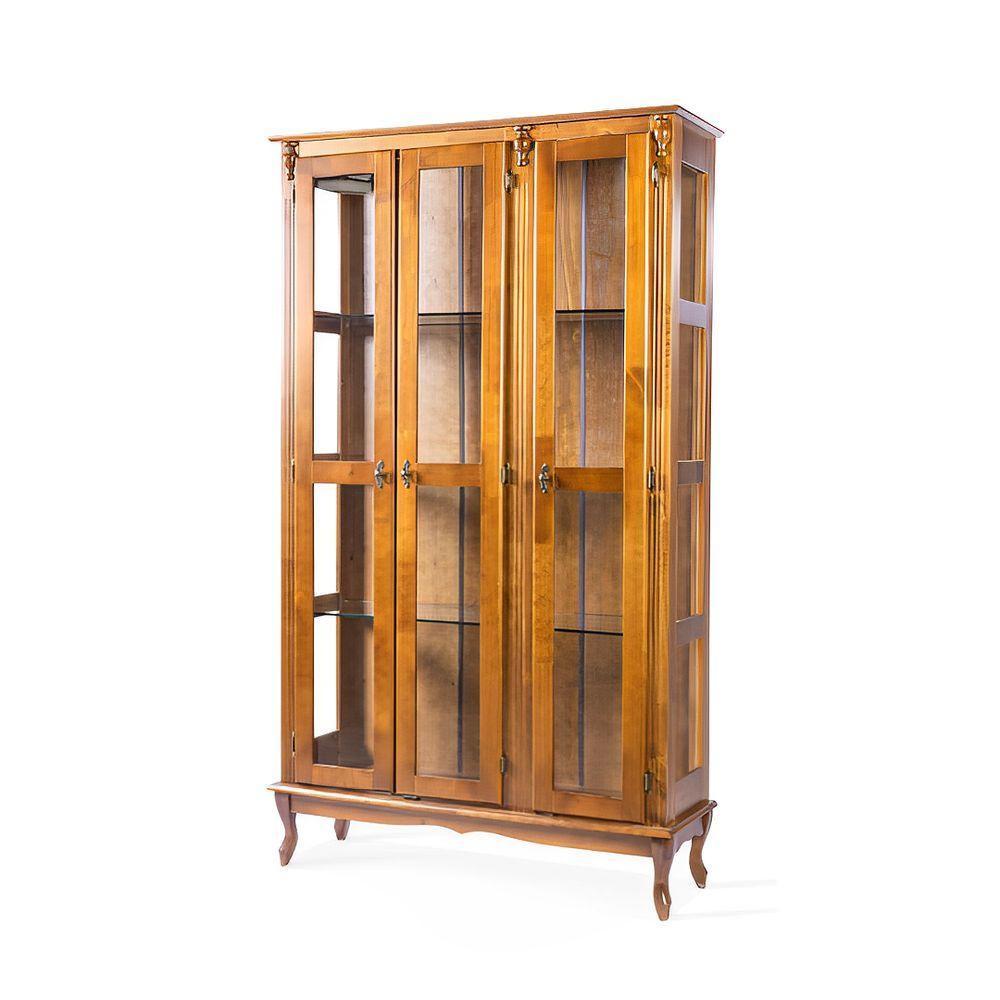 Cristaleira Farmhouse De Madeira 3 Portas Vidro E Pés Luiz Xv - Imbuia Glazer - 1