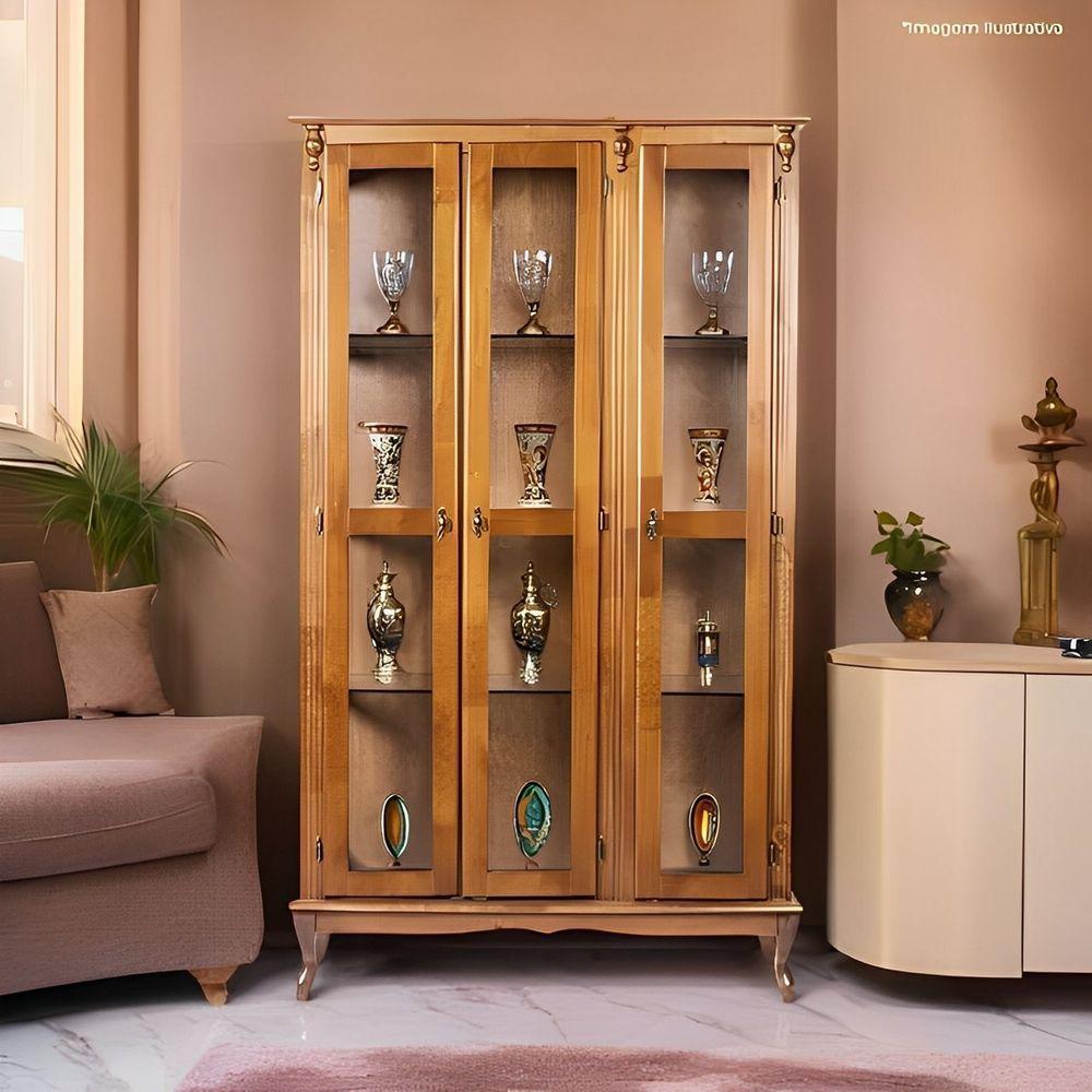 Cristaleira Farmhouse De Madeira 3 Portas Vidro E Pés Luiz Xv - Imbuia Glazer - 2