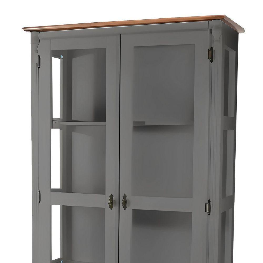 Cristaleira De Madeira Maciça 2 Portas 1 Gaveta 3 Prateleiras Pés Torneados - Cinza Laca Com Tampos E Base Imbuia Glazer - 4