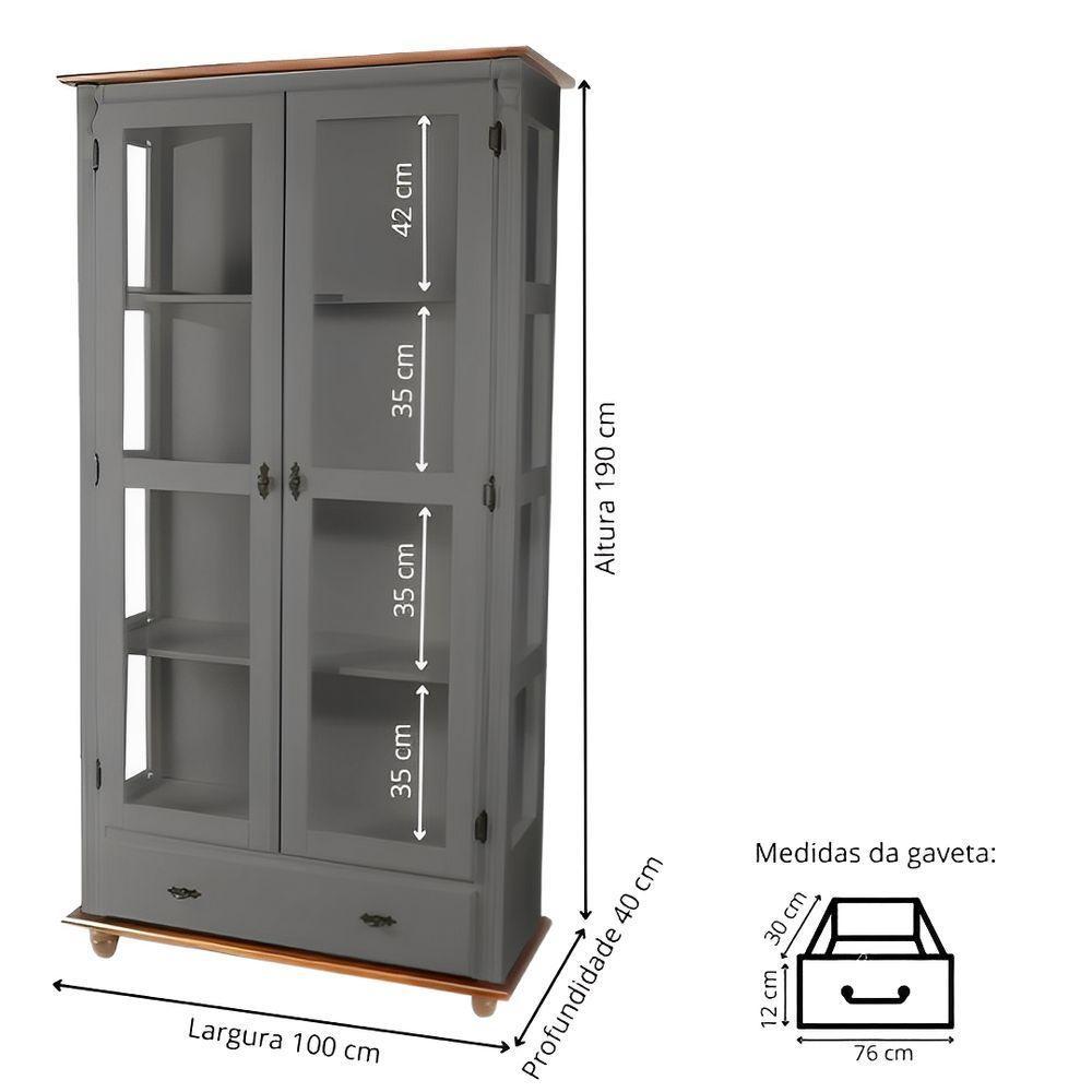 Cristaleira De Madeira Maciça 2 Portas 1 Gaveta 3 Prateleiras Pés Torneados - Cinza Laca Com Tampos E Base Imbuia Glazer - 5