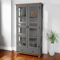 Cristaleira De Madeira Maciça 2 Portas 1 Gaveta 3 Prateleiras Pés Torneados - Cinza Laca Com Tampos E Base Imbuia Glazer - 1