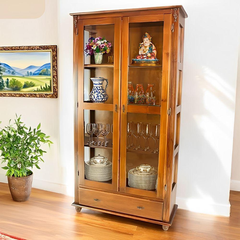 Cristaleira De Madeira Maciça 2 Portas 1 Gaveta 3 Prateleiras Pés Torneados - Imbuia Glazer - 1