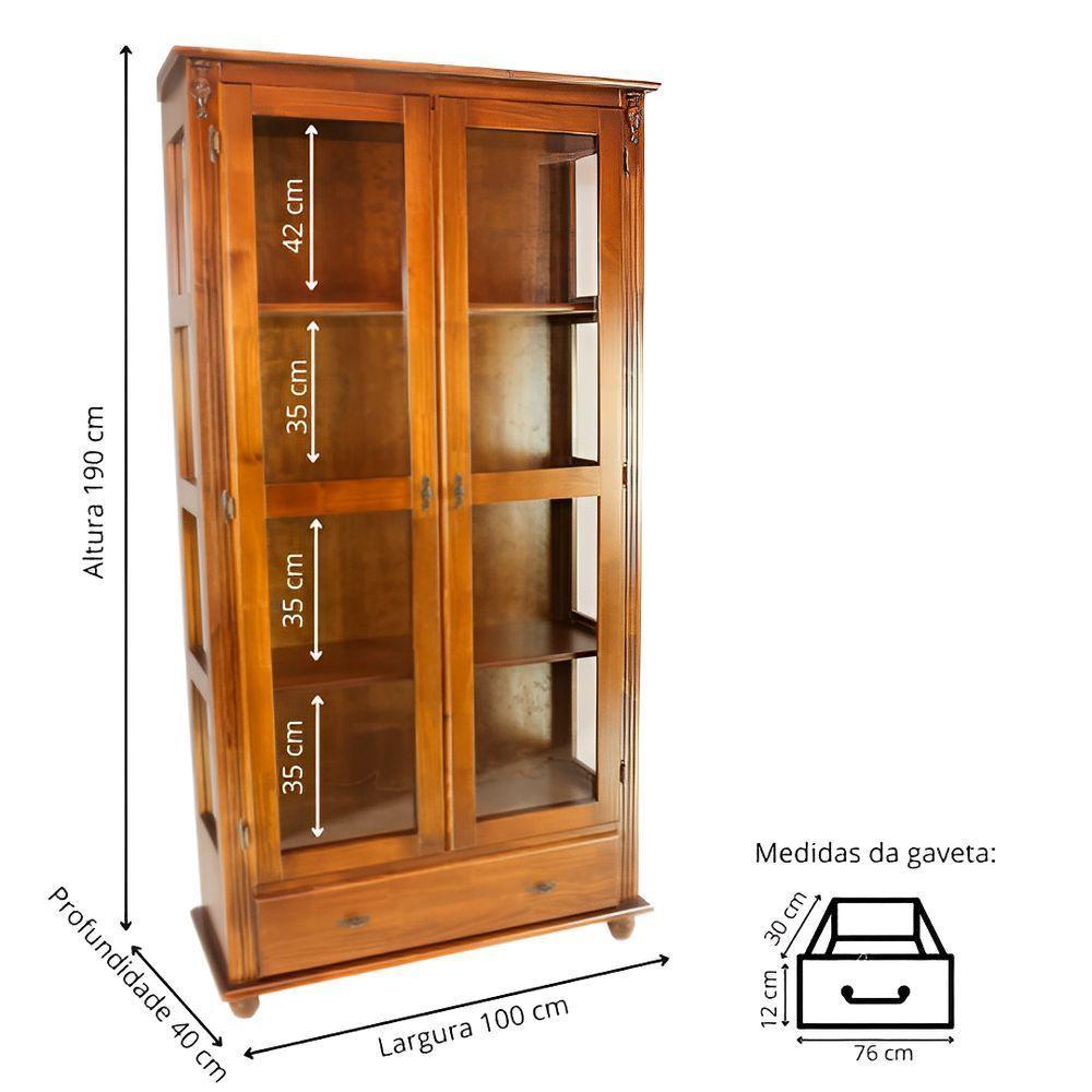 Cristaleira De Madeira Maciça 2 Portas 1 Gaveta 3 Prateleiras Pés Torneados - Imbuia Glazer - 4