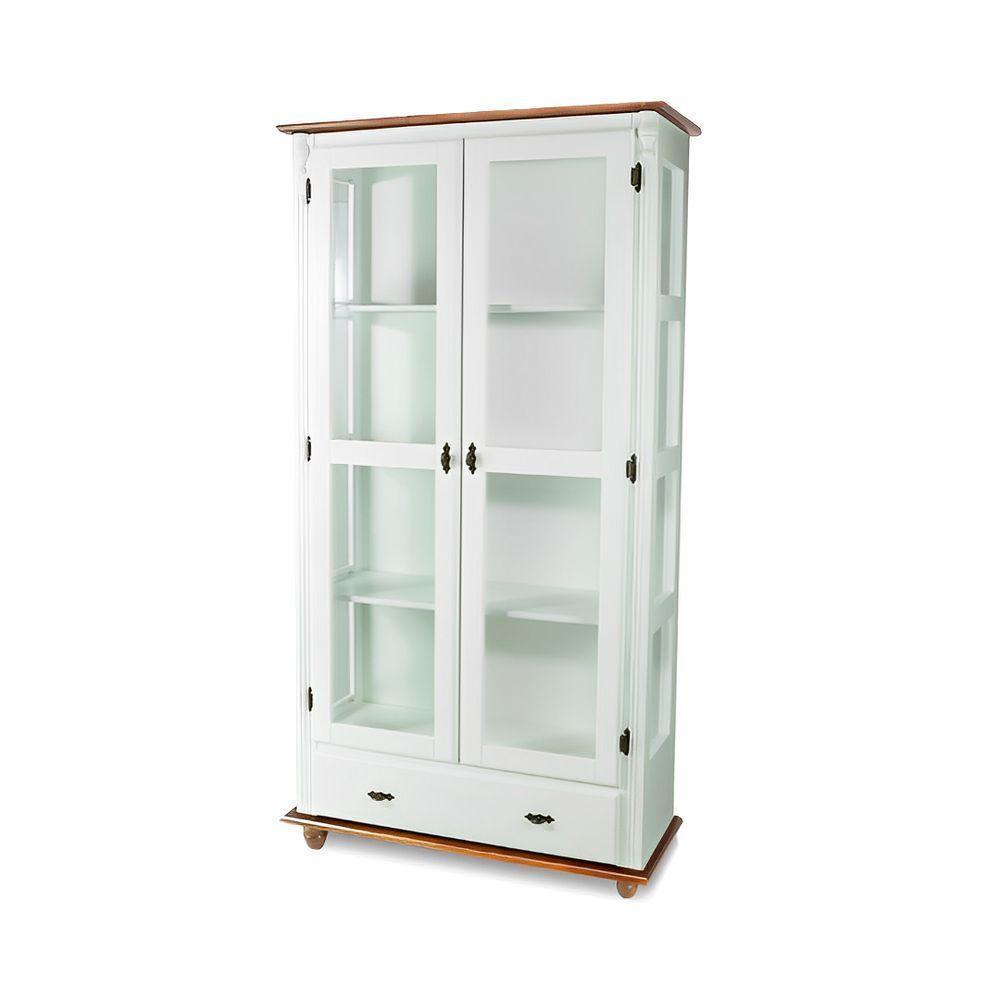 Cristaleira De Madeira Maciça 2 Portas 1 Gaveta 3 Prateleiras Pés Torneados - Branco Laca Com Tampo E Base Imbuia Glazer - 2