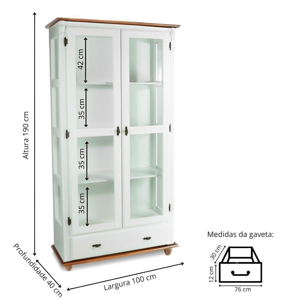 Cristaleira De Madeira Maciça 2 Portas 1 Gaveta 3 Prateleiras Pés Torneados - Branco Laca Com Tampo E Base Imbuia Glazer - 4
